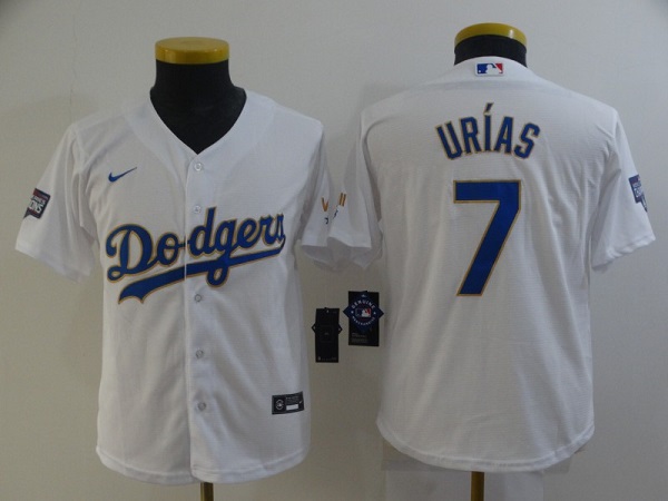 Youth Los Angeles Dodgers #7 Julio Urias White Gold Championship Cool Base Stitched Jersey